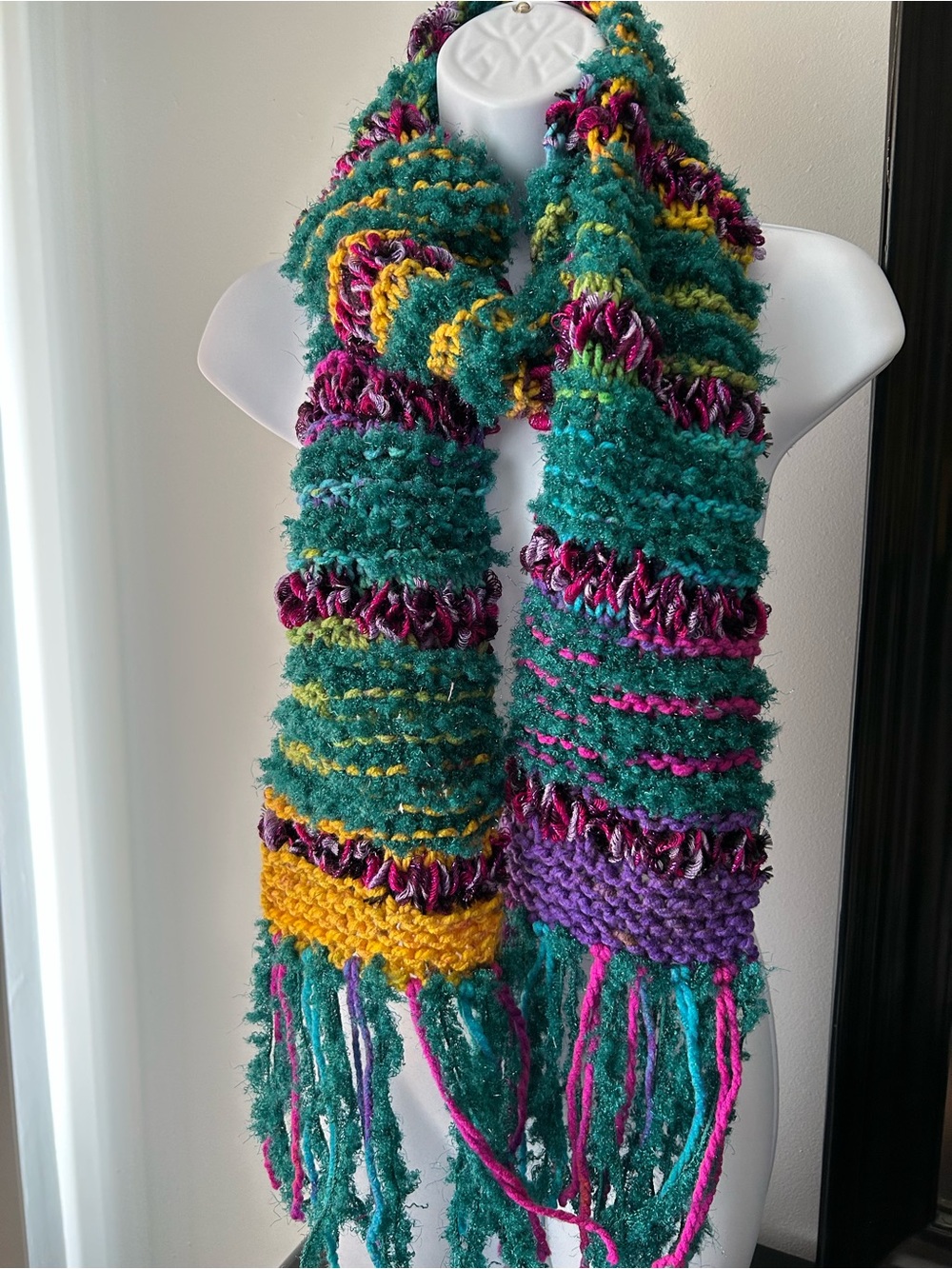 Handmade Teal Multicolor Knit Scarf with Fringe